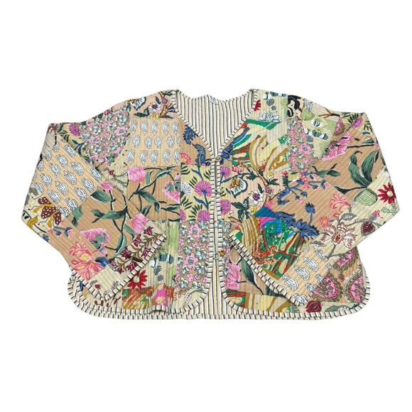 Boho Patchwork Quilted Cotton Jacket 2XL Cropped Floral Cottagecore - Picture 3 of 8